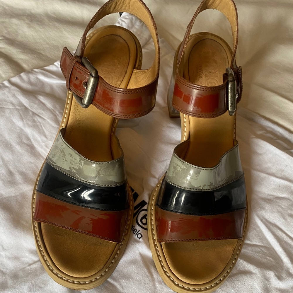 MM6 Maison Martin Margiela glitter lucite block heel black brown sandals 8.5